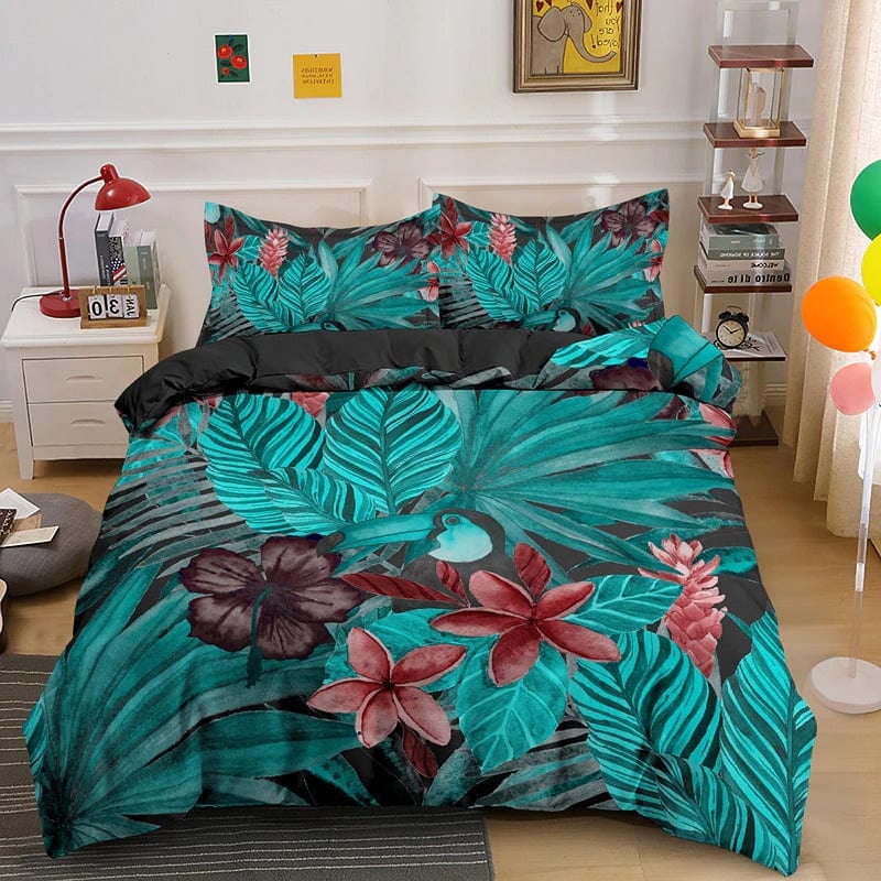 Dynebetræk Med Blåt Eksotisk Løv