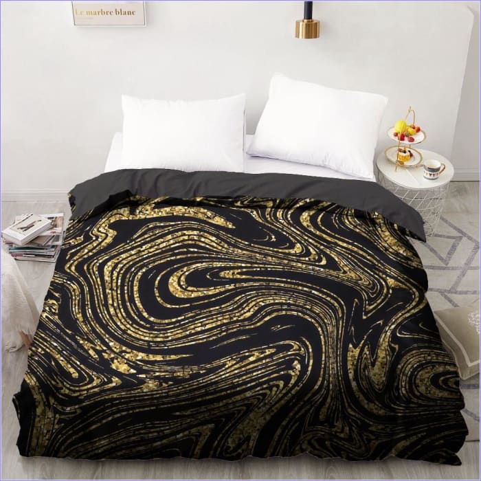 Sort Marmoreret Dynebetræk Gold Swirl